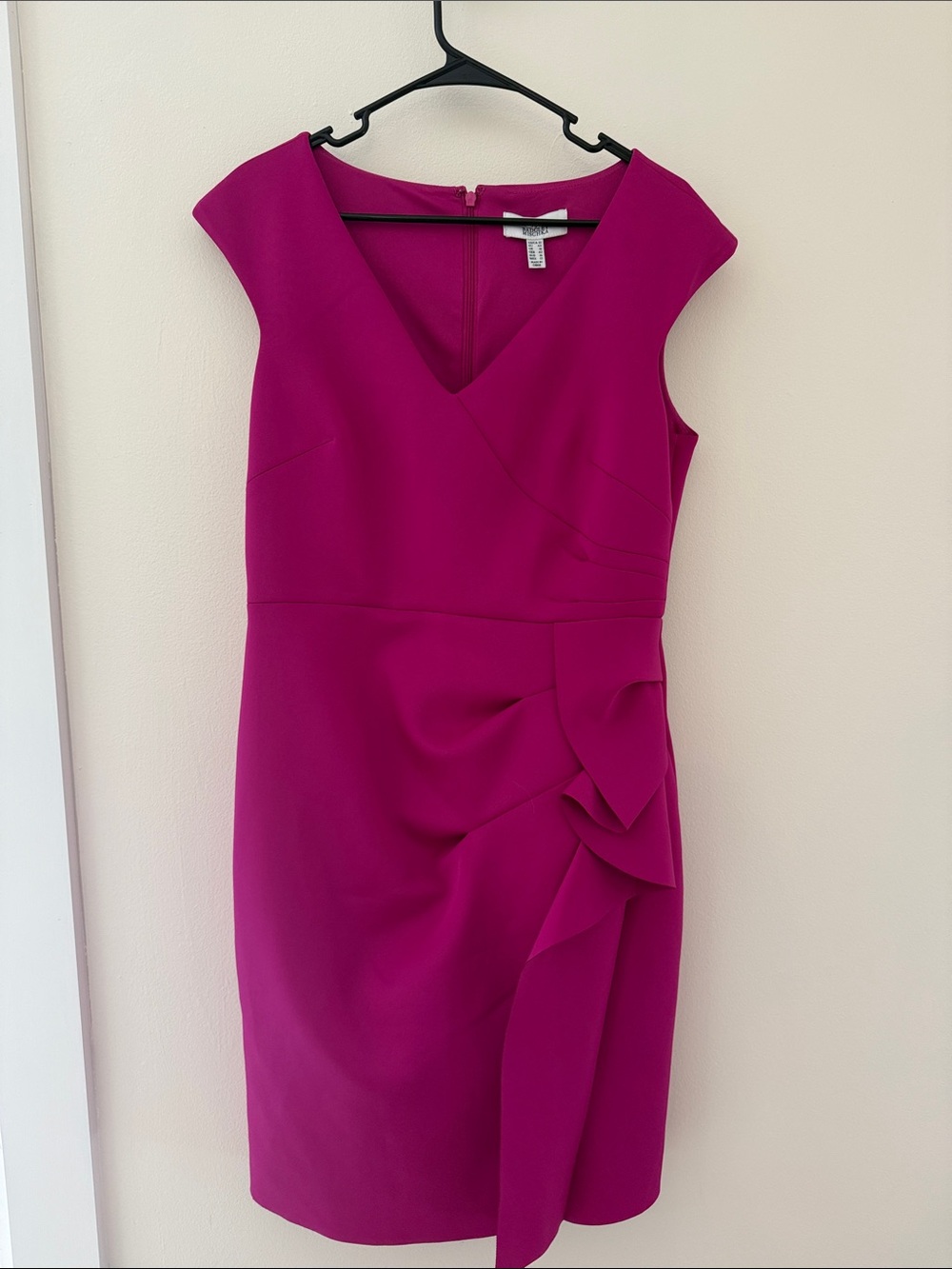 Badgley Mischka Magenta V-Neck Dress with Side Ruffle